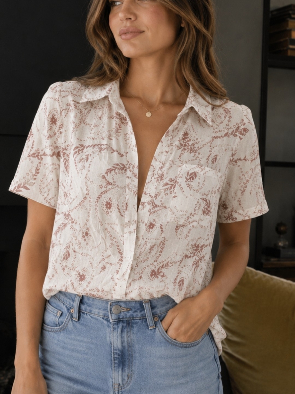 Women’s Cream Short-Sleeve Button-Up Top with Rose Print L Linen Viscose - Picture 1 of 9